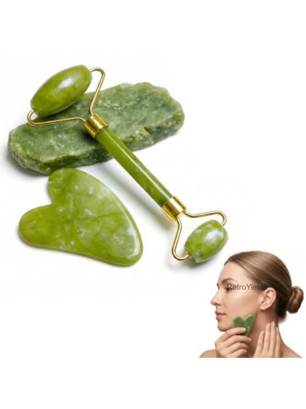 Jade Roller and Gua Sha Set Natural Jade Stone Facial Massager for Skin Care